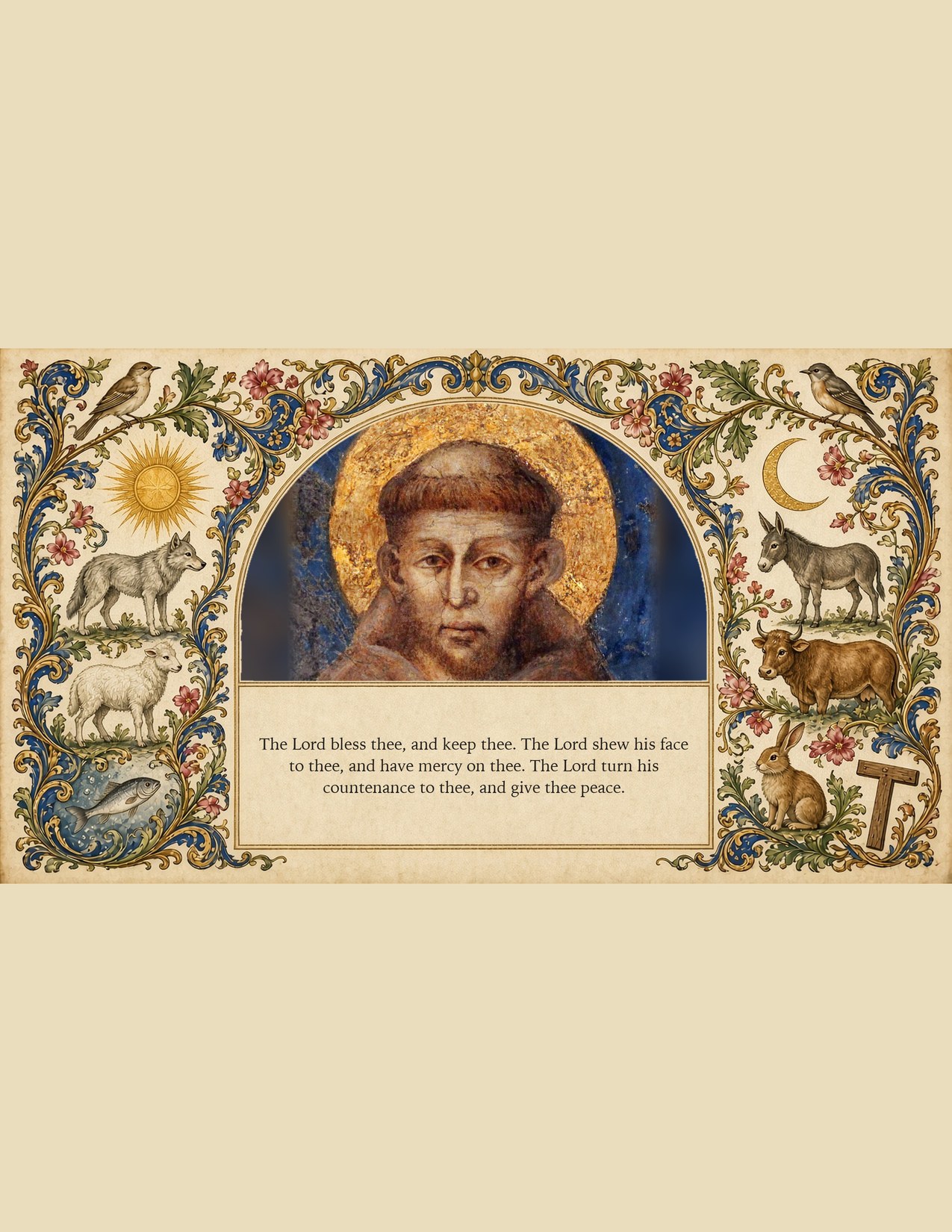 St. Francis in a gold-ground portrait, in an arched window bordered by animals and marginalia, with the blessing text below.