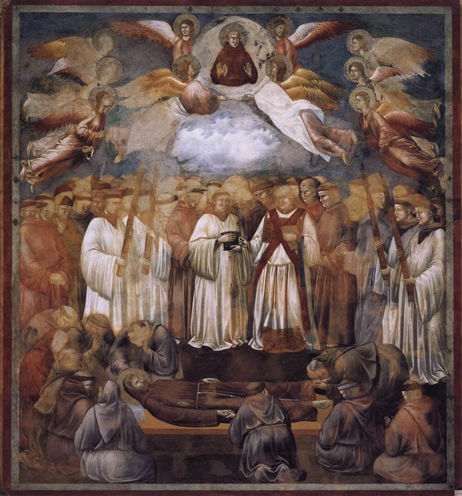 Friars gather around the body of St. Francis while angels carry him up to heaven.