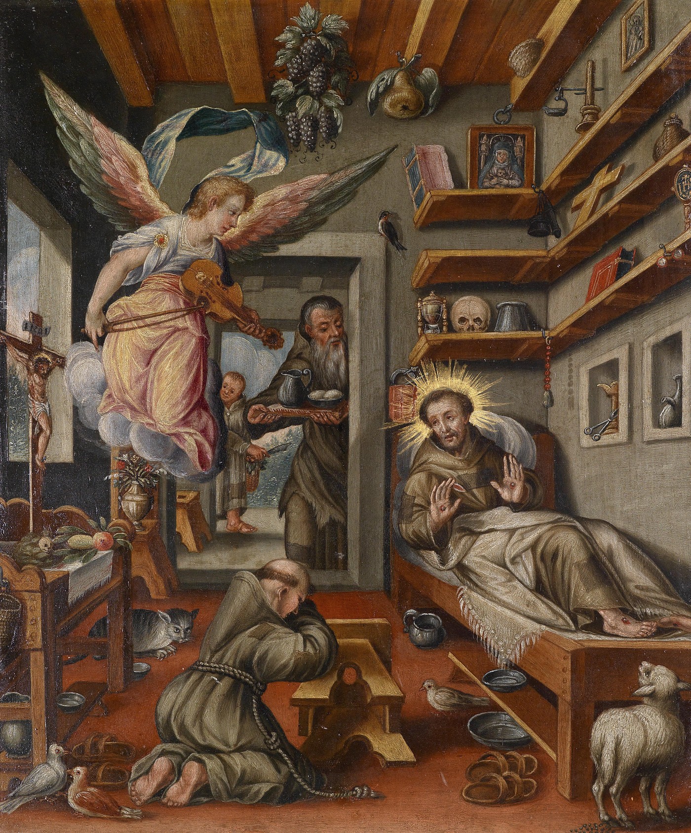 St. Francis on his deathbed, with friars at his side and an angel playing a viol.